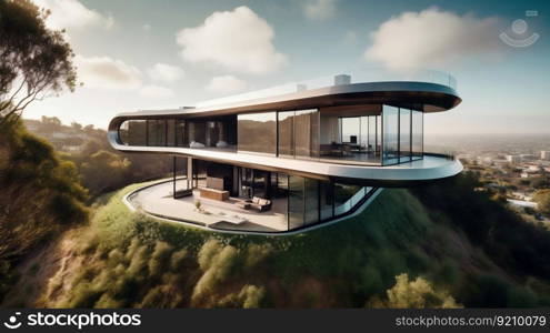Modern Architectural Mansion with Pool on the Top of a Sinuous Hill. Generative ai. High quality illustration. Modern Architectural Mansion with Pool on the Top of a Sinuous Hill. Generative ai