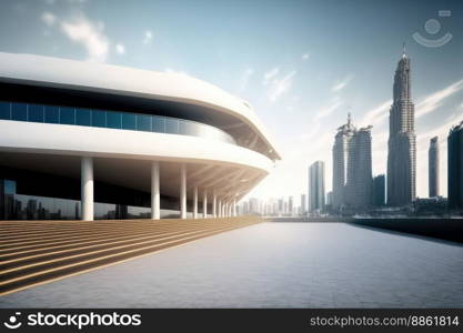 Modern architecture building design with empty concrete floor and urban city skyline in background showing copy space on the clear balcony. Peculiar AI generative image.. Modern architecture building with empty concrete floor and city background