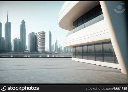 Modern architecture building design with empty concrete floor and urban city skyline in background showing copy space on the clear balcony. Peculiar AI generative image.. Modern architecture building with empty concrete floor and city background