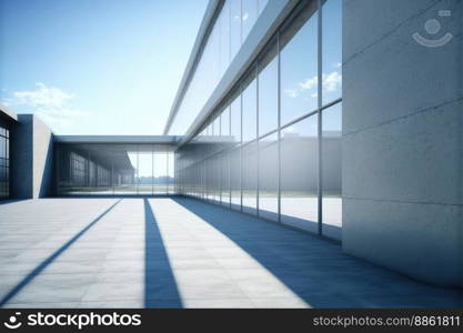 Modern architecture exterior of public hall entrance in urban building outdoor under bright sky with cement path pavement. Peculiar AI generative image.. Modern architecture exterior of public hall entrance in urban building outdoor