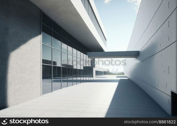 Modern architecture exterior of public hall entrance in urban building outdoor under bright sky with cement path pavement. Peculiar AI generative image.. Modern architecture exterior of public hall entrance in urban building outdoor