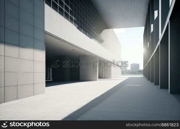 Modern architecture exterior of public hall entrance in urban building outdoor under bright sky with cement path pavement. Peculiar AI generative image.. Modern architecture exterior of public hall entrance in urban building outdoor