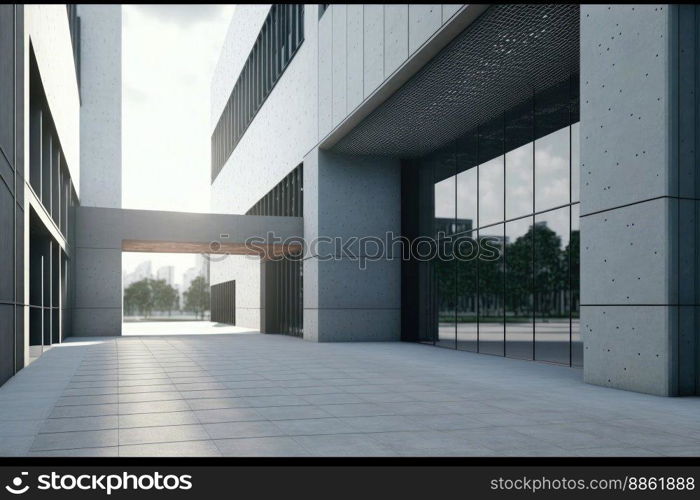 Modern architecture exterior of public hall entrance in urban building outdoor under bright sky with cement path pavement. Peculiar AI generative image.. Modern architecture exterior of public hall entrance in urban building outdoor