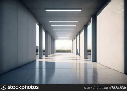 Modern architecture exterior of public hall entrance in urban building outdoor under bright sky with cement path pavement. Peculiar AI generative image.. Modern architecture exterior of public hall entrance in urban building outdoor