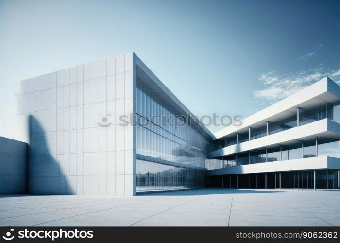 Modern architecture exterior of public hall entrance in urban building outdoor under bright sky with cement path pavement. Peculiar AI generative image.. Modern architecture exterior of public hall entrance in urban building outdoor