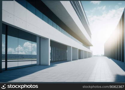 Modern architecture exterior of public hall entrance in urban building outdoor under bright sky with cement path pavement. Peculiar AI generative image.. Modern architecture exterior of public hall entrance in urban building outdoor