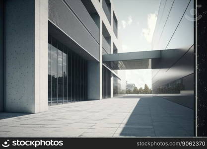 Modern architecture exterior of public hall entrance in urban building outdoor under bright sky with cement path pavement. Peculiar AI generative image.. Modern architecture exterior of public hall entrance in urban building outdoor