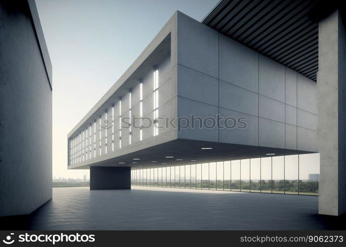 Modern architecture exterior of public hall entrance in urban building outdoor under bright sky with cement path pavement. Peculiar AI generative image.. Modern architecture exterior of public hall entrance in urban building outdoor