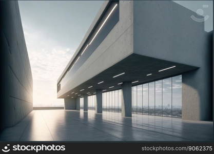 Modern architecture exterior of public hall entrance in urban building outdoor under bright sky with cement path pavement. Peculiar AI generative image.. Modern architecture exterior of public hall entrance in urban building outdoor