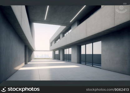 Modern architecture exterior of public hall entrance in urban building outdoor under bright sky with cement path pavement. Peculiar AI generative image.. Modern architecture exterior of public hall entrance in urban building outdoor