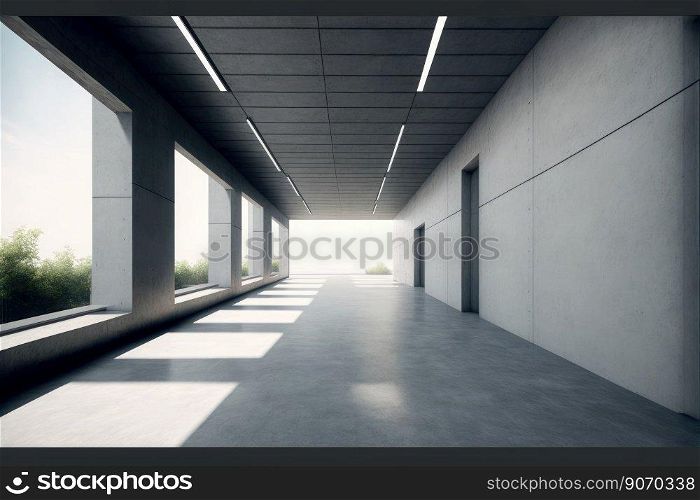 Modern architecture exterior of public hall entrance in urban building outdoor under bright sky with cement path pavement. Peculiar AI generative image.. Modern architecture exterior of public hall entrance in urban building outdoor