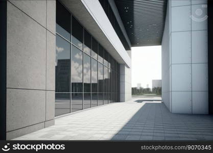 Modern architecture exterior of public hall entrance in urban building outdoor under bright sky with cement path pavement. Peculiar AI generative image.. Modern architecture exterior of public hall entrance in urban building outdoor