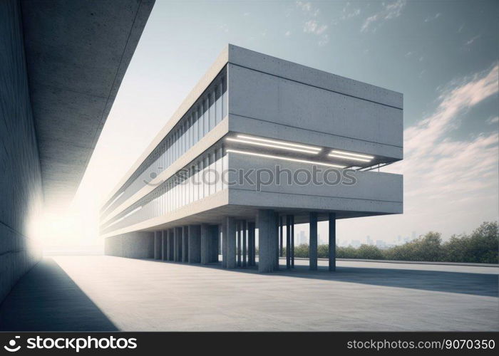 Modern architecture exterior of public hall entrance in urban building outdoor under bright sky with cement path pavement. Peculiar AI generative image.. Modern architecture exterior of public hall entrance in urban building outdoor