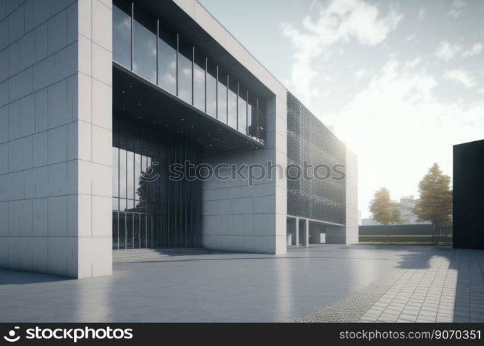 Modern architecture exterior of public hall entrance in urban building outdoor under bright sky with cement path pavement. Peculiar AI generative image.. Modern architecture exterior of public hall entrance in urban building outdoor