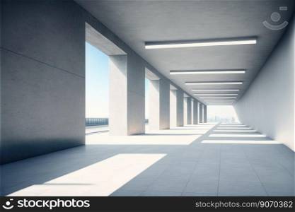 Modern architecture exterior of public hall entrance in urban building outdoor under bright sky with cement path pavement. Peculiar AI generative image.. Modern architecture exterior of public hall entrance in urban building outdoor