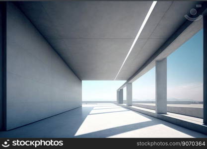 Modern architecture exterior of public hall entrance in urban building outdoor under bright sky with cement path pavement. Peculiar AI generative image.. Modern architecture exterior of public hall entrance in urban building outdoor