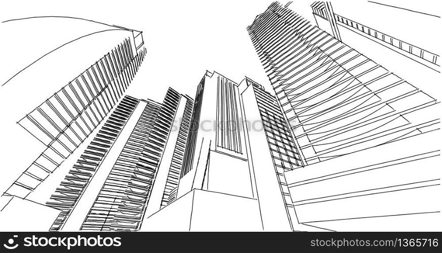 Modern architecture in a beautiful metropolisFreehand line drawing illustration, 3D illustration