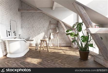 modern attic bathroom interior. 3d rendering design