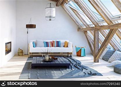 modern attic interior design. 3d rendering concept
