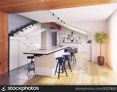 modern attic kitchen interior. 3D concept illustration