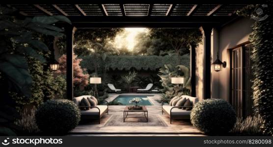 Modern balcony patio building with rest area for family in elegant stylish villa or hotel. distinct generative AI image.. Modern balcony patio building with rest area for family in elegant stylish villa or hotel