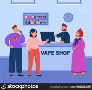 Modern barman serving customers who smoking electronic vaporizer cigarettes near showcase. Vape shop flat vector illustration. Business, service, vape marketing concept