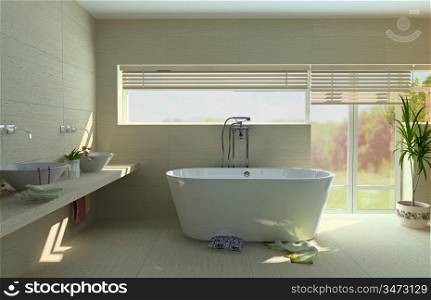 modern bathroom interior with a tub (3D rendering)