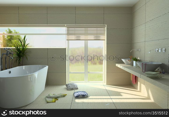 modern bathroom interior with a tub (3D rendering)