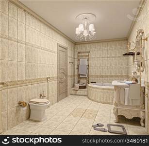 Modern Bathroom interior with tiles and mirror (3D rendering)