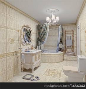 Modern Bathroom interior with tiles and mirror (3D rendering)