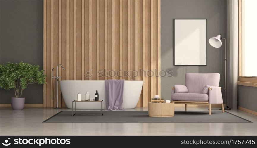 Modern bathroom with bathtub with wooden panel on background and armchair - 3d rendering. Minimalist bathroom with bathtub with wooden panel on background