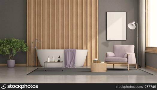 Modern bathroom with bathtub with wooden panel on background and armchair - 3d rendering. Minimalist bathroom with bathtub with wooden panel on background