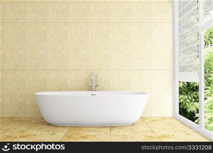 modern bathroom with beige tiles on wall and floor
