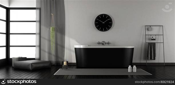 Modern bathroom with black bathtub. Minimalist bathroom with modern black bathtub - 3d rendering