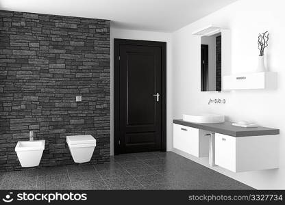 modern bathroom with black stone wall and white equipment