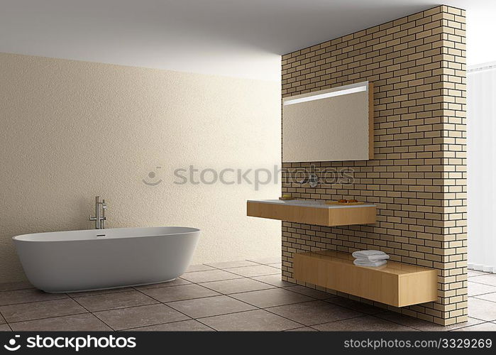 modern bathroom with brick wall