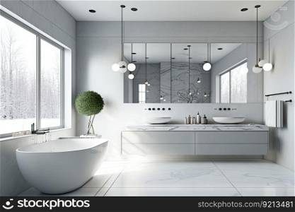 modern bathroom, with sleek and minimalist design, featuring white and gray tones, created with generative ai. modern bathroom, with sleek and minimalist design, featuring white and gray tones