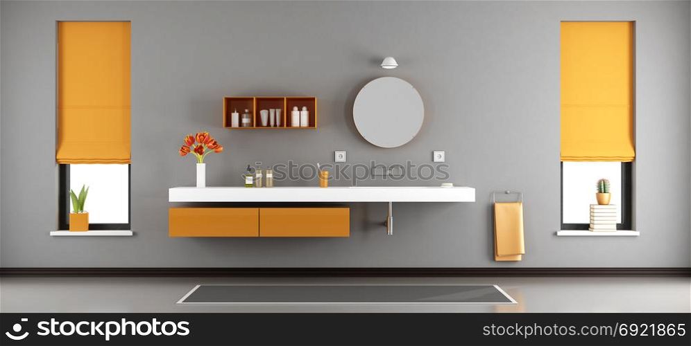 Modern bathroom with washbasin. Gray and orange modern bathroom with washbasin built in shelf - 3d rendering
