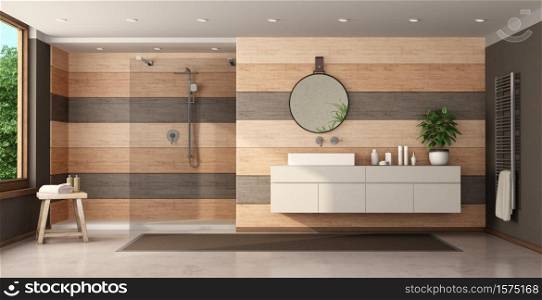 Modern bathroom with wooden paneling, shower and washbasin - 3d rendering. Modern wooden bathroom with shower and washbasin