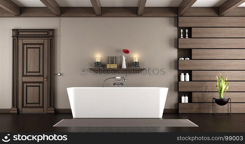 Modern bathtub in a classic bathroom. Modern bathtub in a classic bathroom with dark wooden panels,closed door and roof beams - 3d rendering
