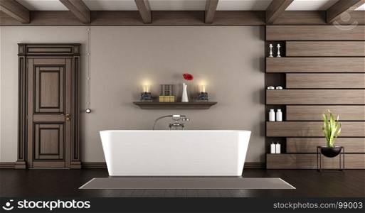 Modern bathtub in a classic bathroom. Modern bathtub in a classic bathroom with dark wooden panels,closed door and roof beams - 3d rendering