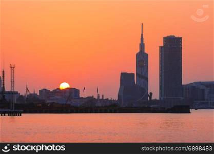 Modern Batumi at sunset, Adjara, Georgia. View from Sea Beach to sityscape with Skyscrapers And Tower at sunset, Batumi, Adjara, Georgia