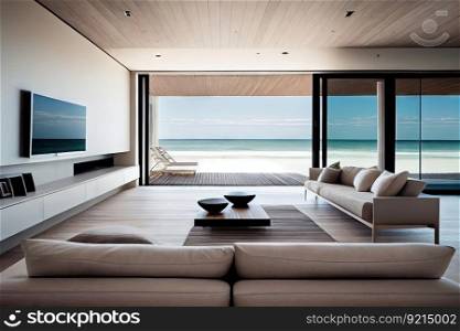 modern beachfront villa with minimalist design and sleek furnishings, created with generative ai. modern beachfront villa with minimalist design and sleek furnishings