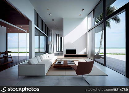 modern beachfront villa with minimalist interior and sleek furnishings, created with generative ai. modern beachfront villa with minimalist interior and sleek furnishings