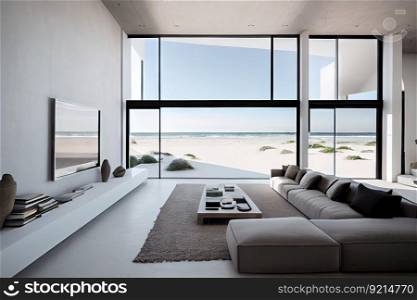 modern beachfront villa with minimalist interior and sleek furnishings, created with generative ai. modern beachfront villa with minimalist interior and sleek furnishings