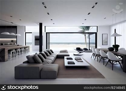 modern beachfront villa with sleek and minimalist interior design, featuring clean lines and neutral tones, created with generative ai. modern beachfront villa with sleek and minimalist interior design, featuring clean lines and neutral tones