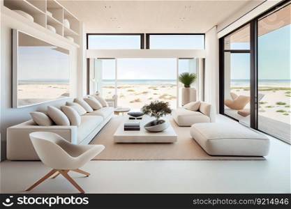 modern beachfront villa with sleek and minimalist interior design, featuring clean lines and neutral tones, created with generative ai. modern beachfront villa with sleek and minimalist interior design, featuring clean lines and neutral tones