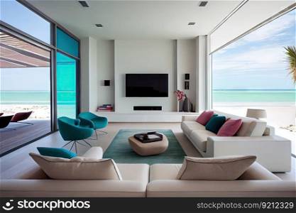 modern beachfront villa with sleek and minimalist interior, featuring clean lines, neutral palette and pops of color, created with generative ai. modern beachfront villa with sleek and minimalist interior, featuring clean lines, neutral palette and pops of color