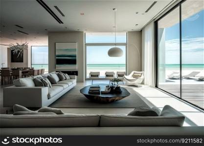 modern beachfront villa with sleek furnishings and neutral color palette, created with generative ai. modern beachfront villa with sleek furnishings and neutral color palette