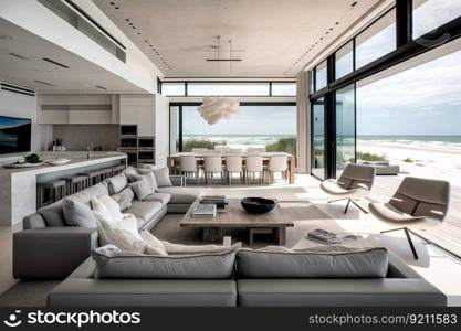 modern beachfront villa with sleek furnishings and neutral color palette, created with generative ai. modern beachfront villa with sleek furnishings and neutral color palette